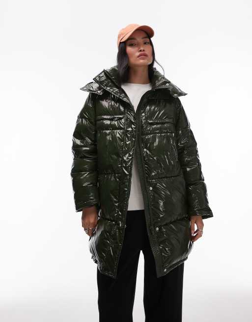 Topshop Mittellange Pufferjacke in Dunkelgrun mit Kapuze