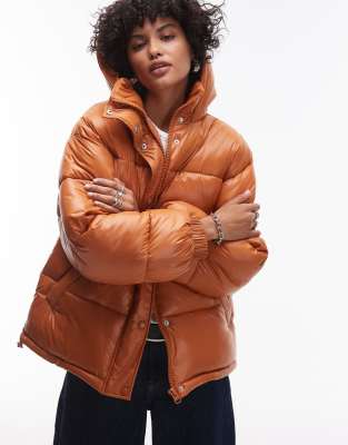 Topshop - Mittellange Pufferjacke in dunklem Orange mit Kapuze