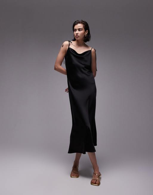 Topshop Mittellanges Slip Dress in Schwarz mit gebundenen Tragern und Wasserfallausschnitt