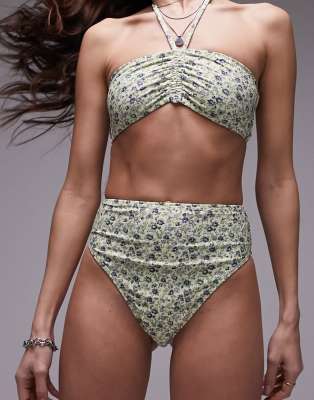 Topshop - Mix and Match - Bikinihose in Blau geblümt mit hohem Bund und hohem Beinausschnitt-Bunt