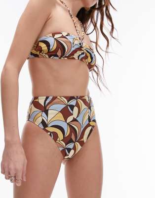 Topshop - Mix and Match - Bikinihose mit 70er-Jahre-Wirbelprint, hohem Bund und hohem Beinausschnitt-Bunt