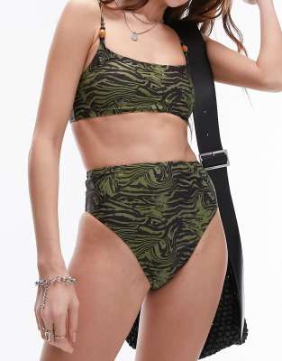 Topshop - Mix and Match - Camisole-Bikinioberteil in Khaki mit abstraktem Tierfellmuster und Perlendetails-Grün