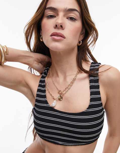 Topshop mix and match crinkle stripe tank bikini top in monochrome - view 1