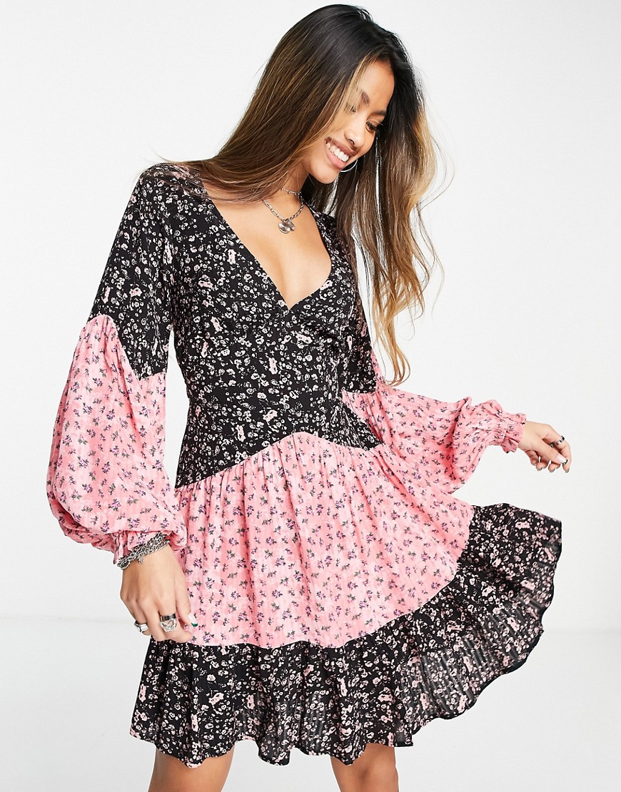 Topshop mix and match floral print tie back mini tea dress in pink and black-Multi