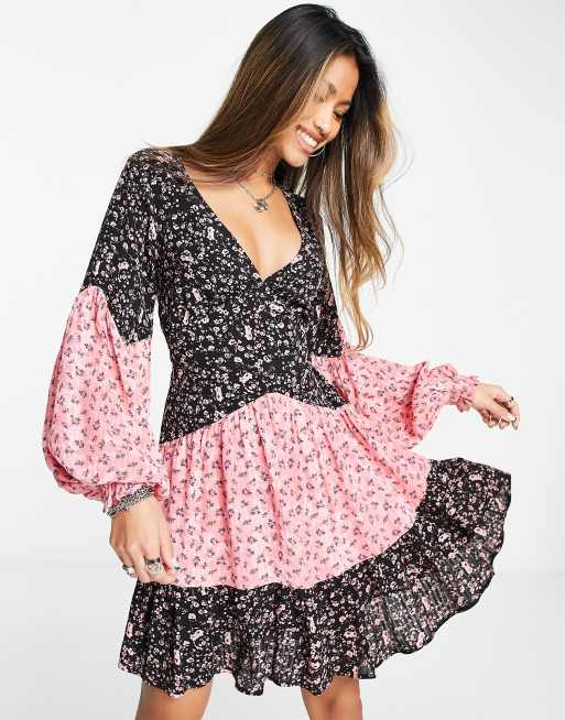 Topshop mix and match floral print tie back mini tea dress in pink and black