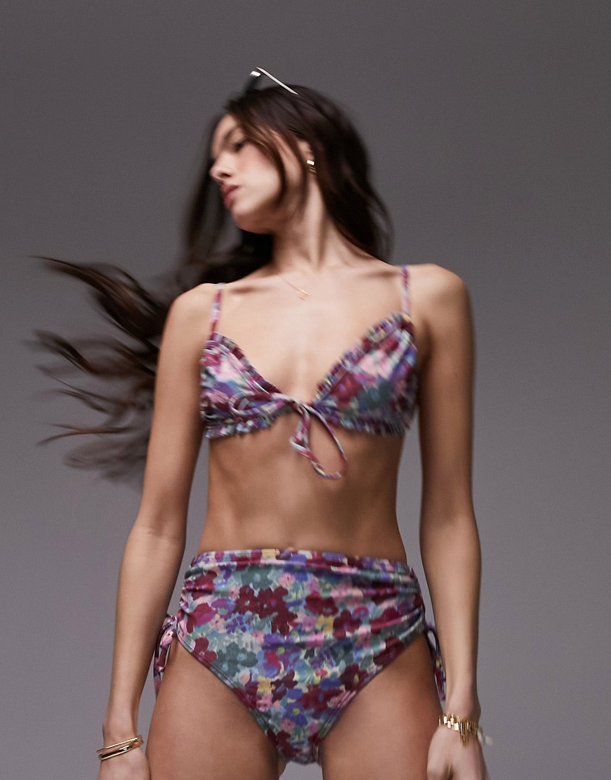 Topshop mix and match frill tie front triangle bikini top in blurred floral print-Multi