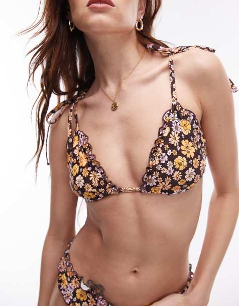 Topshop mix and match frill triangle bikini top in brown ditsy floral print - view 1