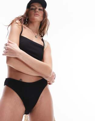 Topshop - Mix and Match - Gekräuselte Bikinihose in Schwarz mit hohem Beinausschnitt