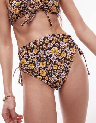 Topshop - Mix and Match - Geraffte Bikinihose in Braun mit hohem Bund und Blümchenmuster-Bunt