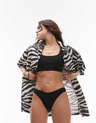 Topshop - Mix and Match - Gerippte Bikinihose in Schwarz mit hohem Beinausschnitt-Black