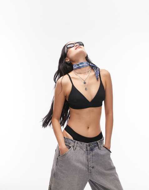 Topshop – Mix and Match – Geripptes Triangel-Bikinioberteil in Schwarz - view 1