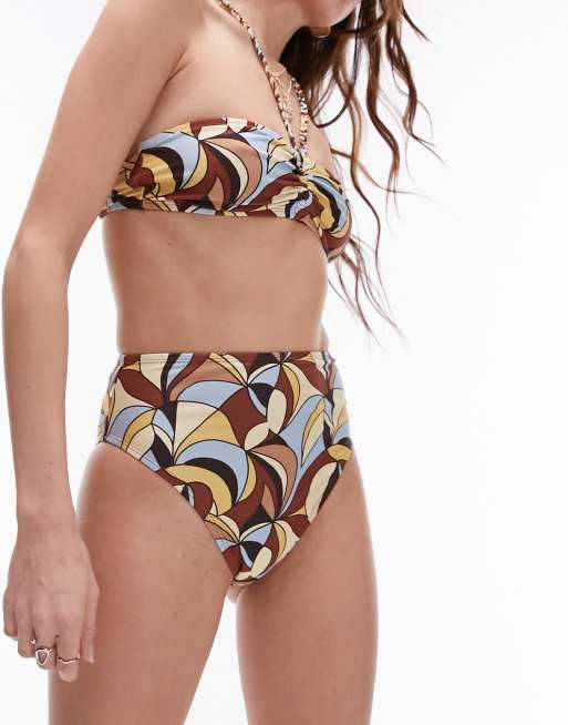 Topshop mix and match high waist high leg bikini bottoms in 70s swirl print