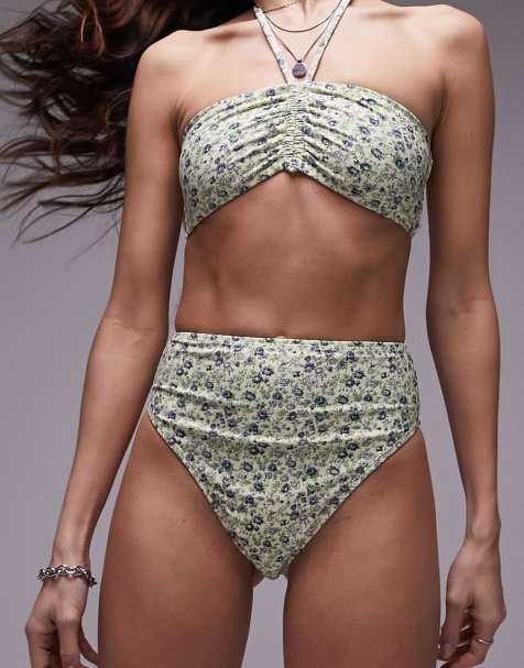Topshop Mix and Match high waist high leg bikini bottoms in blue ditsy floral - view 1