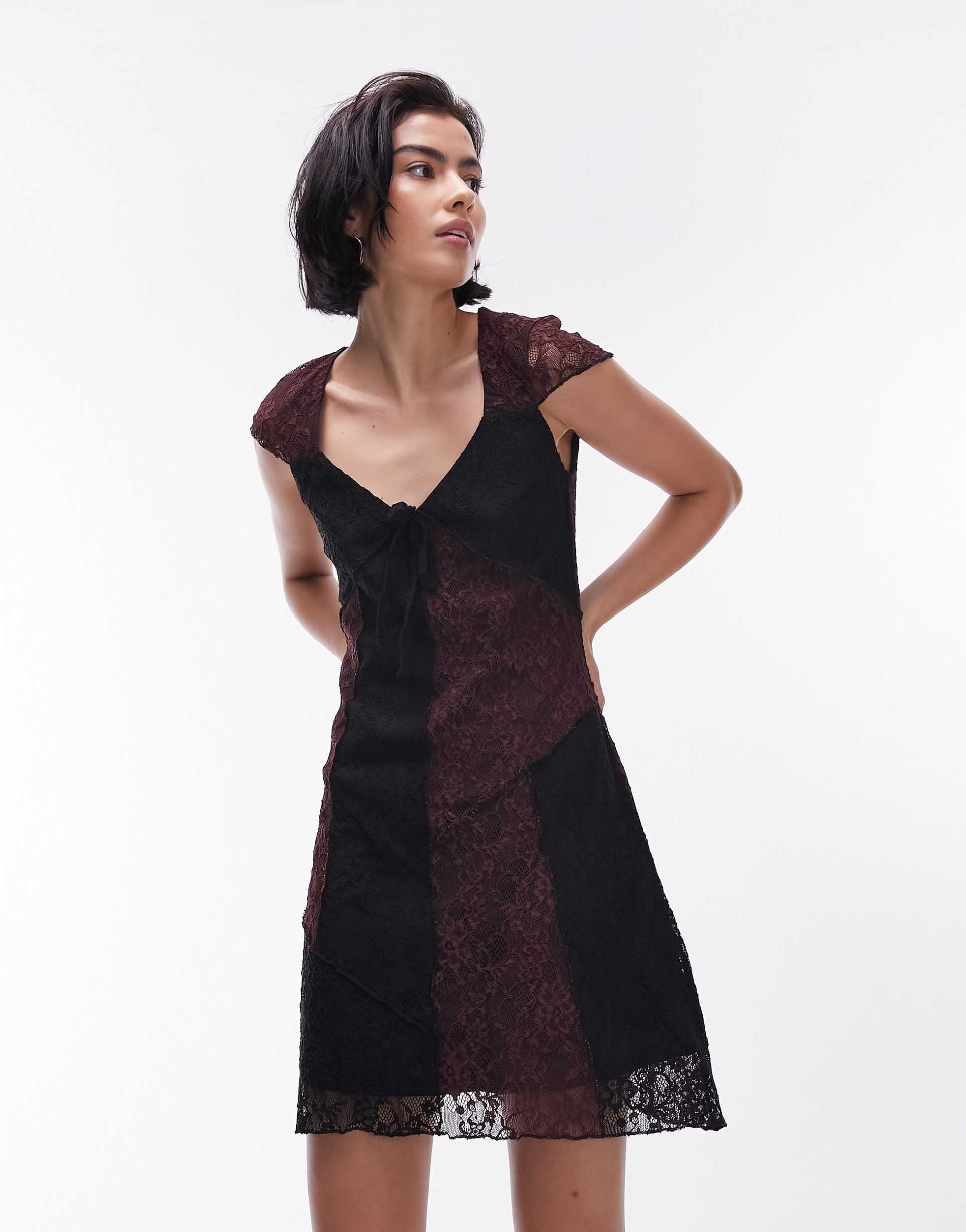 topshop mix and match lace cap sleeve jersey mini dress in multi