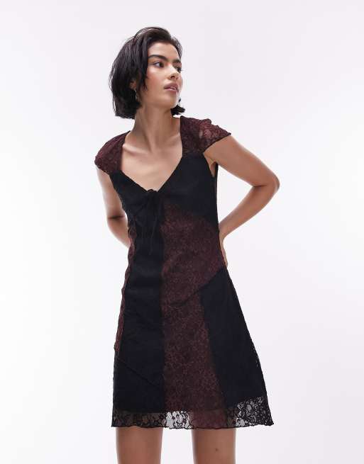 Topshop mix and match lace cap sleeve jersey mini dress in multi