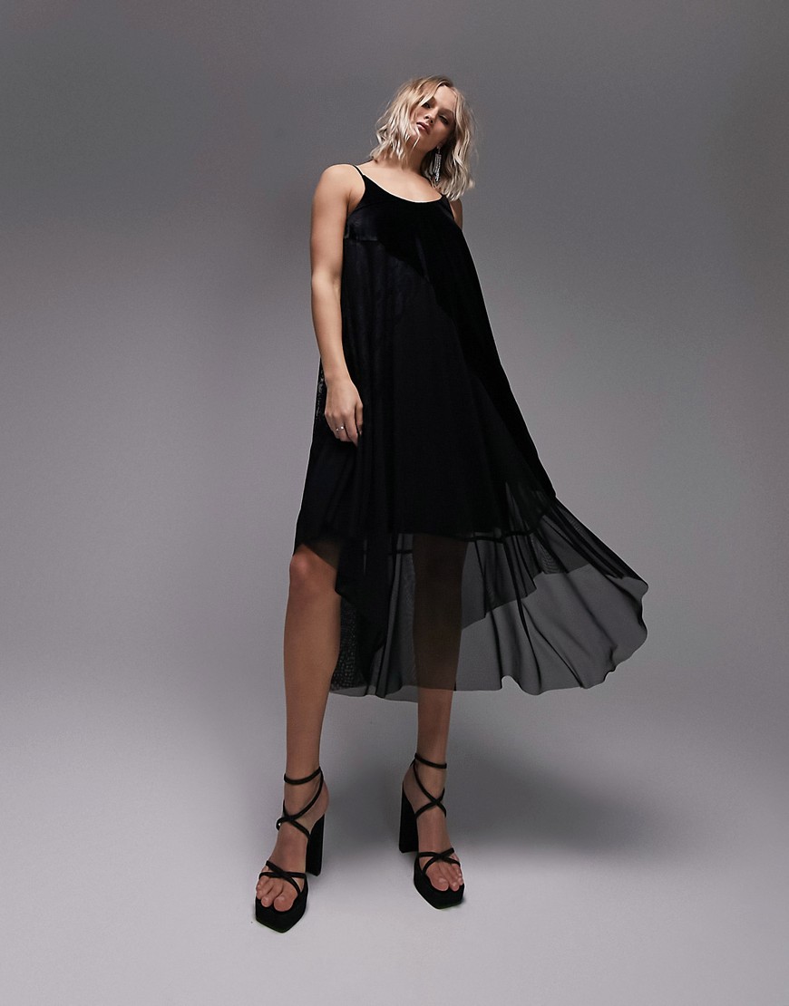 Topshop mix and match lace velvet strappy belted midi dress in black