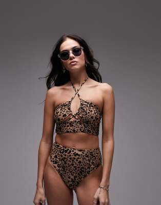 Topshop Mix And Match Long-line Halter Neck Bikini Top In Leopard Print-multi