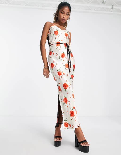 Topshop – Mix and Match – Midi-Trägerkleid aus Satin mit Rosenmuster