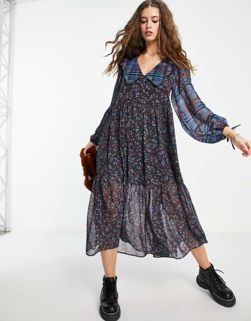 Topshop - Mix and Match - Midikjole med grunge-inspirerede tern og blomstermønster