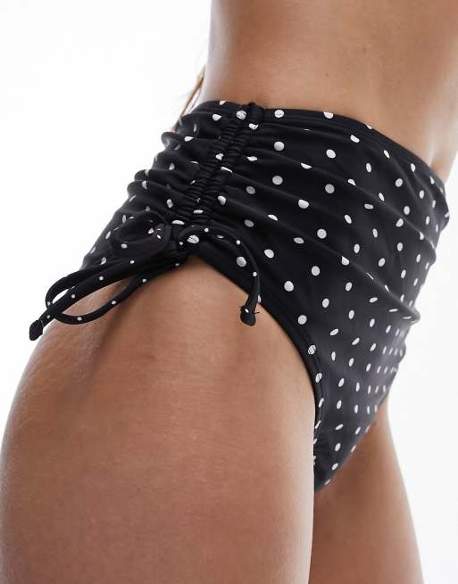 Topshop mix and match polka dot ruche side high waist bikini bottoms in monochrome