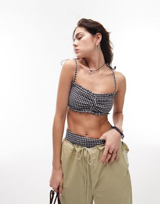 Topshop mix and match textured gingham frill trim bikini top in monochrome