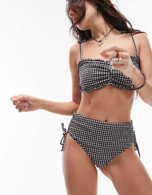 Topshop - mix and match textured gingham ruche side high waist bikini bottoms in monochrome