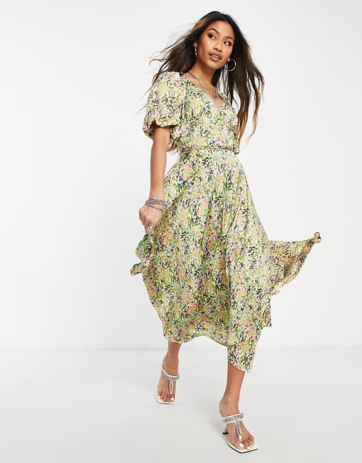 Topshop – Mixa och matcha – Flerfärgad blommig midiklänning med omlottdesign