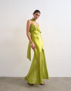 Mixed fabric ruffle detail maxi slip dress in green