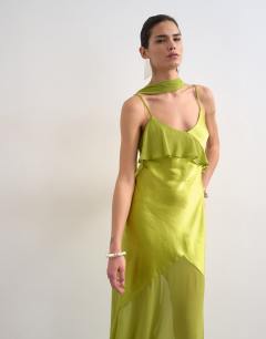 Model wearing Mixed fabric ruffle detail maxi slip dress in green