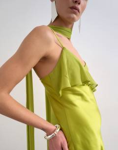 Model wearing Mixed fabric ruffle detail maxi slip in green