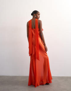 Model wearing Mixed fabric ruffle detail maxi slip in rust
