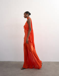 Model wearing Mixed fabric ruffle detail maxi slip in rust