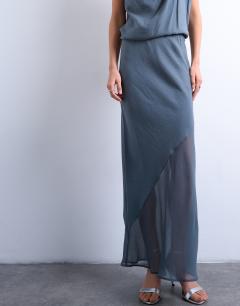 Model wearing Mixed fabric satin bias skirt in blue