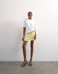 Mixed fabric satin flippy mini skirt in soft lime
