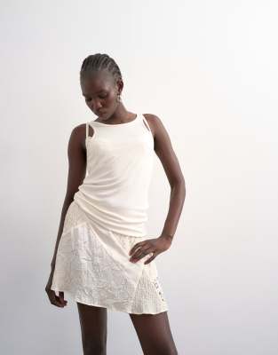 Topshop Mixed Fabrics Satin Flippy Mini Skirt In White