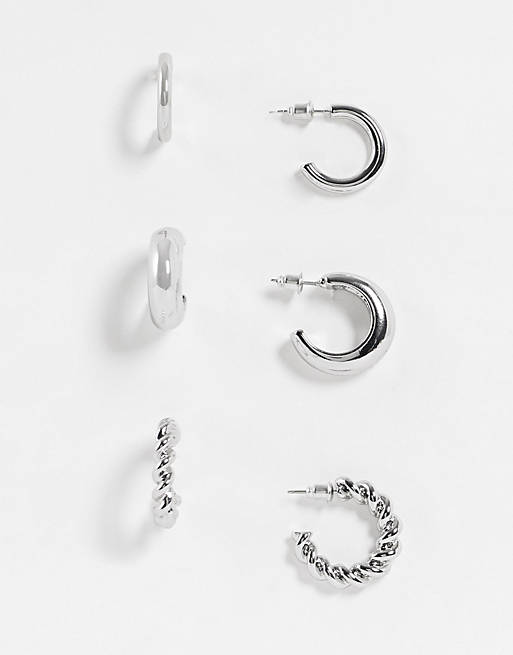 Topshop mixed mini hoop earrings 3 x multipack in silver
