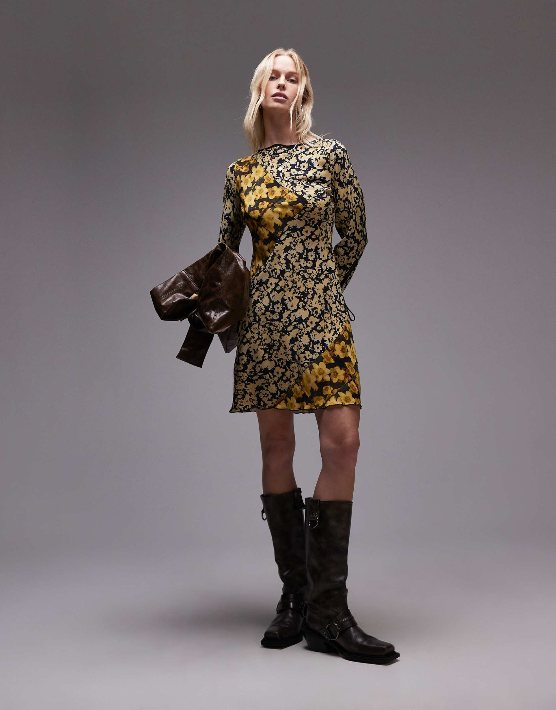 topshop mixed print mini tea dress in yellow floral
