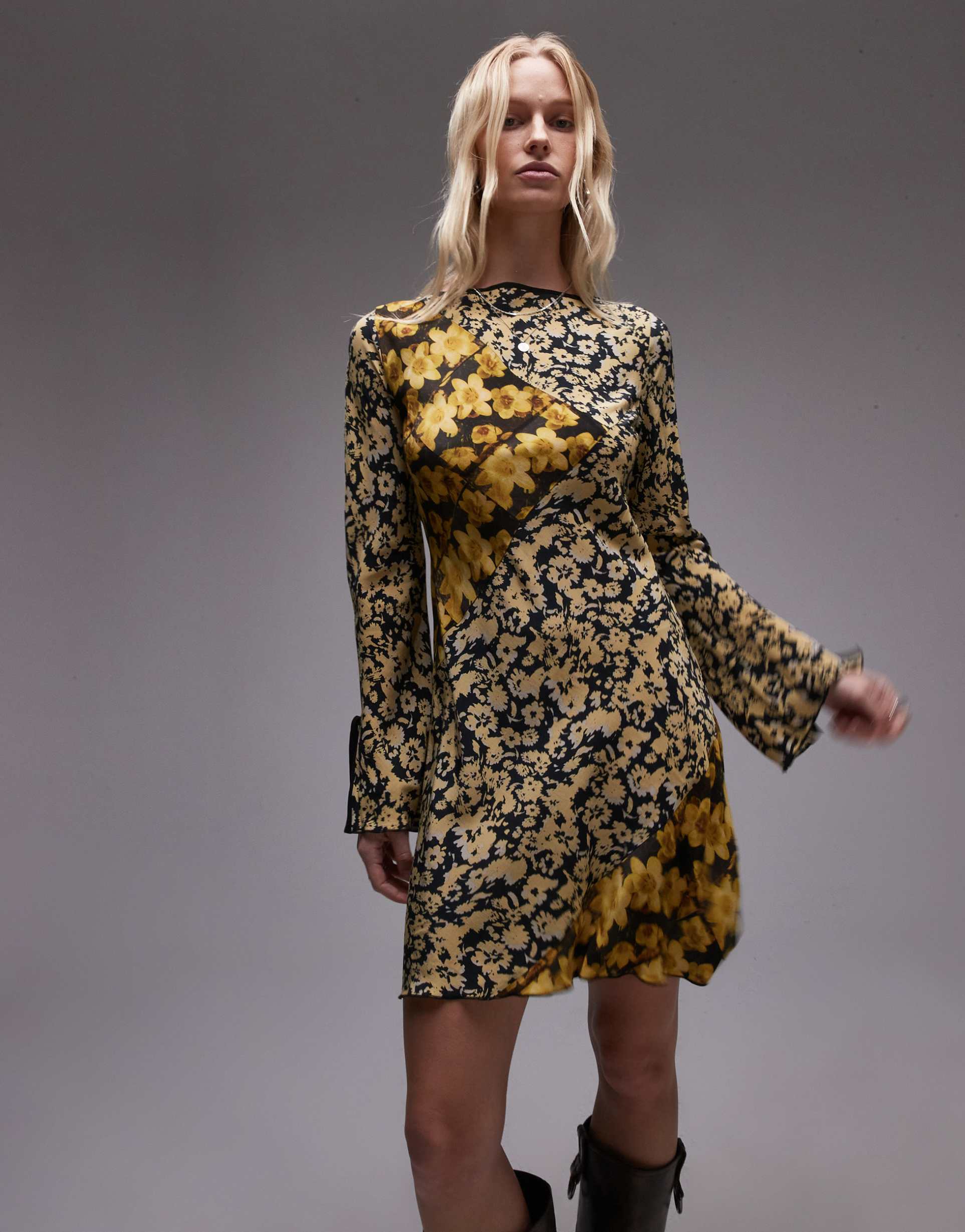 topshop mixed print mini tea dress in yellow floral