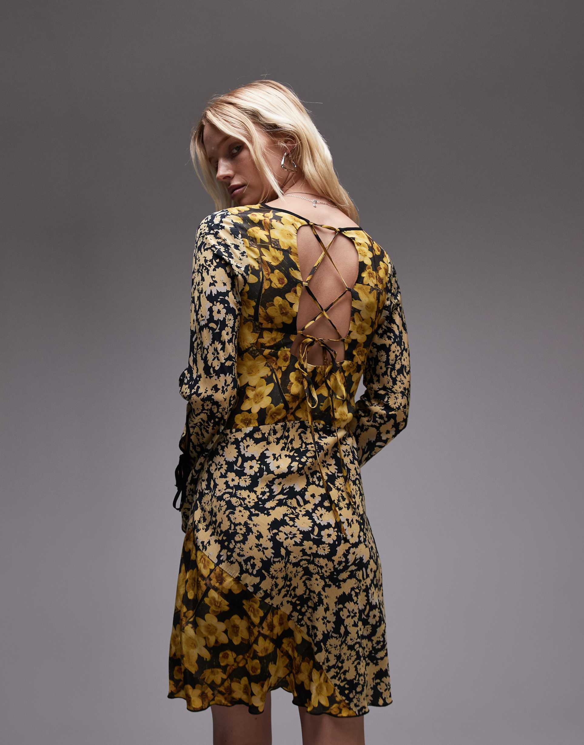 topshop mixed print mini tea dress in yellow floral