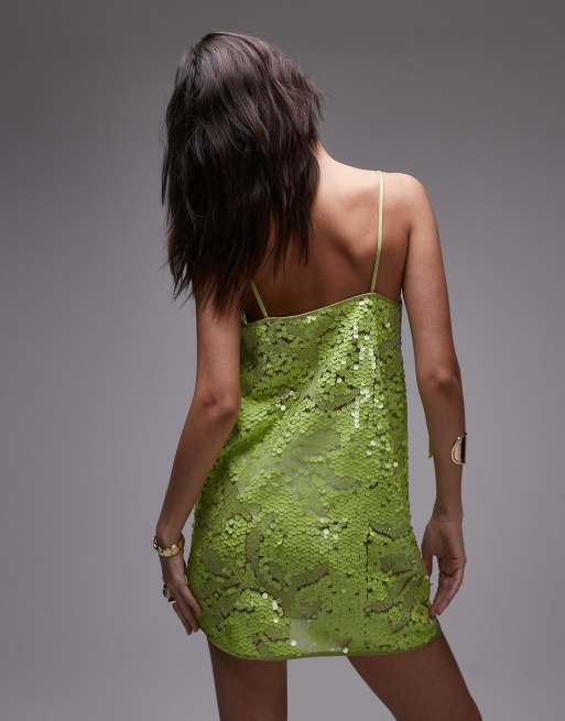 Topshop mixed sequin scoop cami mini dress in green