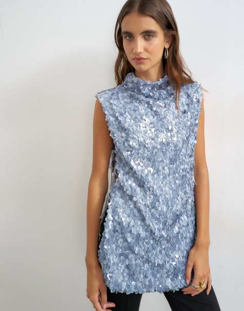 Topshop mixed sequin tie side tunic top in blue - view 1