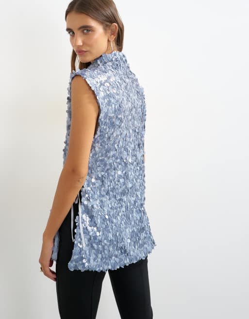 Topshop mixed sequin tie side tunic top in blue, 2 of 4