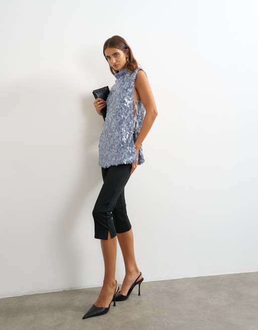 Topshop mixed sequin tie side tunic top in blue, 3 of 4