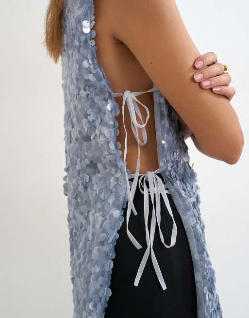 Topshop mixed sequin tie side tunic top in blue, 4 of 4