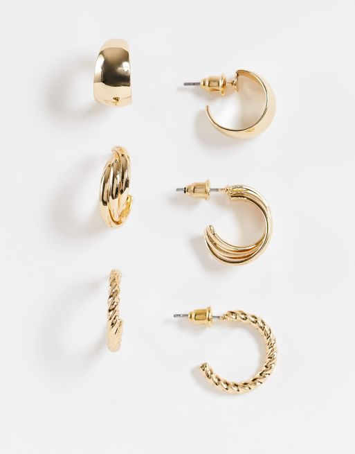 Topshop mixed twist 3 x multipack hoop earrings in gold