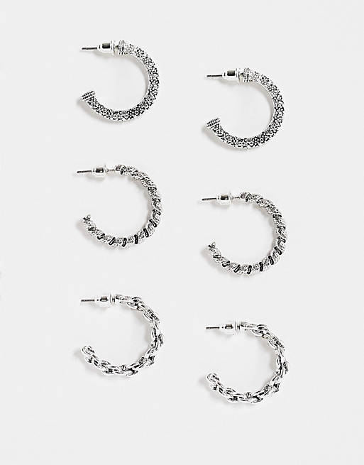 Topshop mixed twist 3 x multipack hoop earrings in silver
