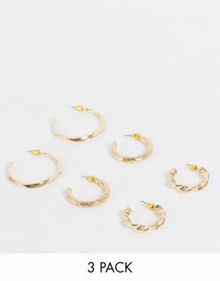 Topshop mixed twist and chunky 3 x multipack hoop earrings in gold