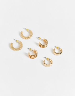 Topshop mixed twist and ridged 3 x multipack earrings in gold