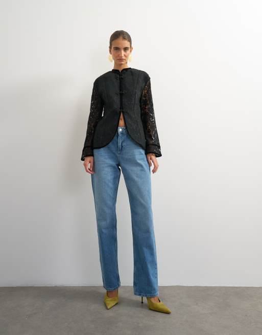 Topshop mjuk spetsjacka med mandarin-krage i svart, 2 av 4