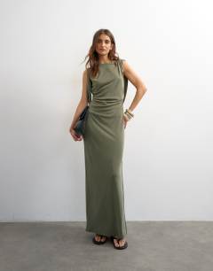 Modal cowl back sleeveless maxi dress in khaki
